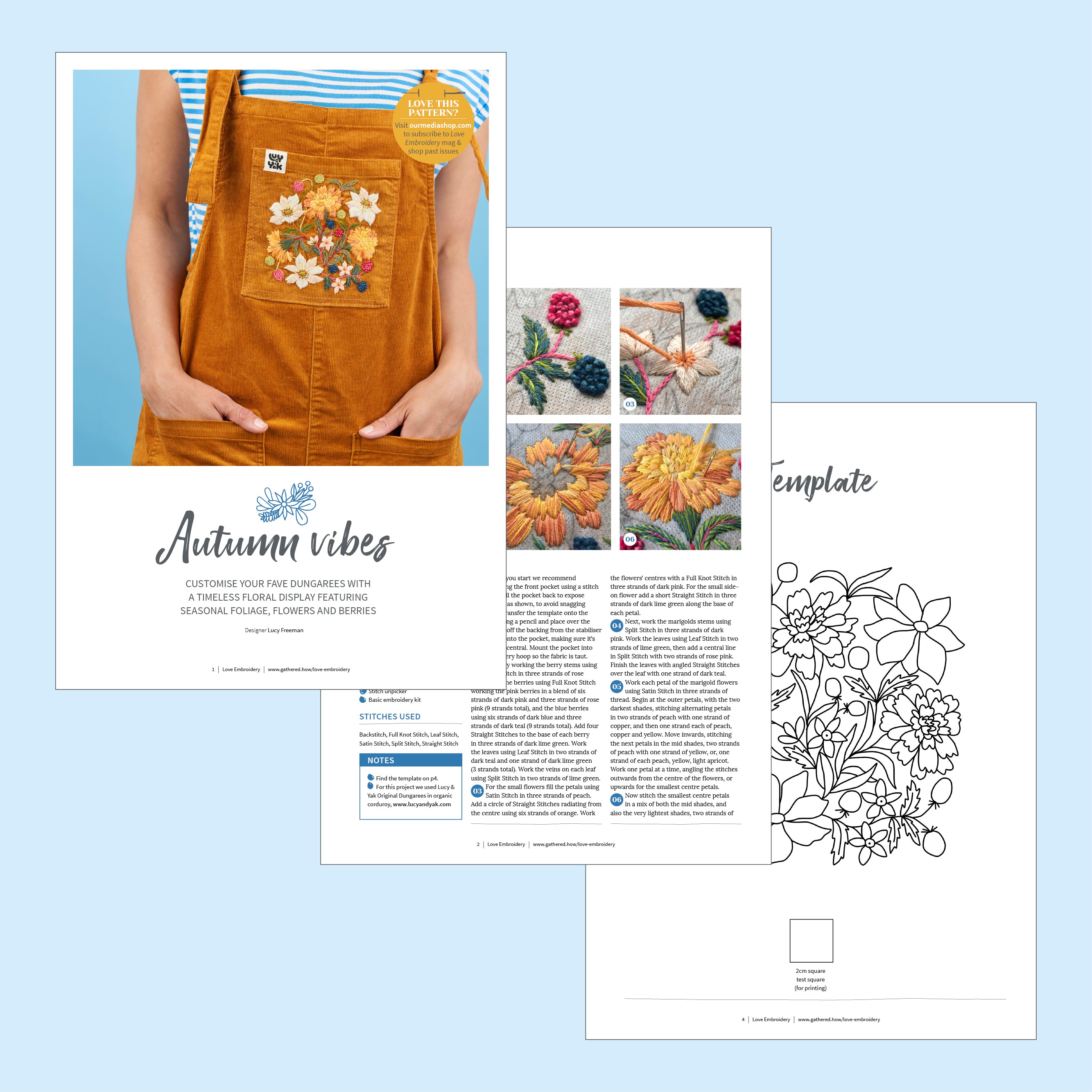 Embroidery kit with apron, templates, and instructions on a light blue background