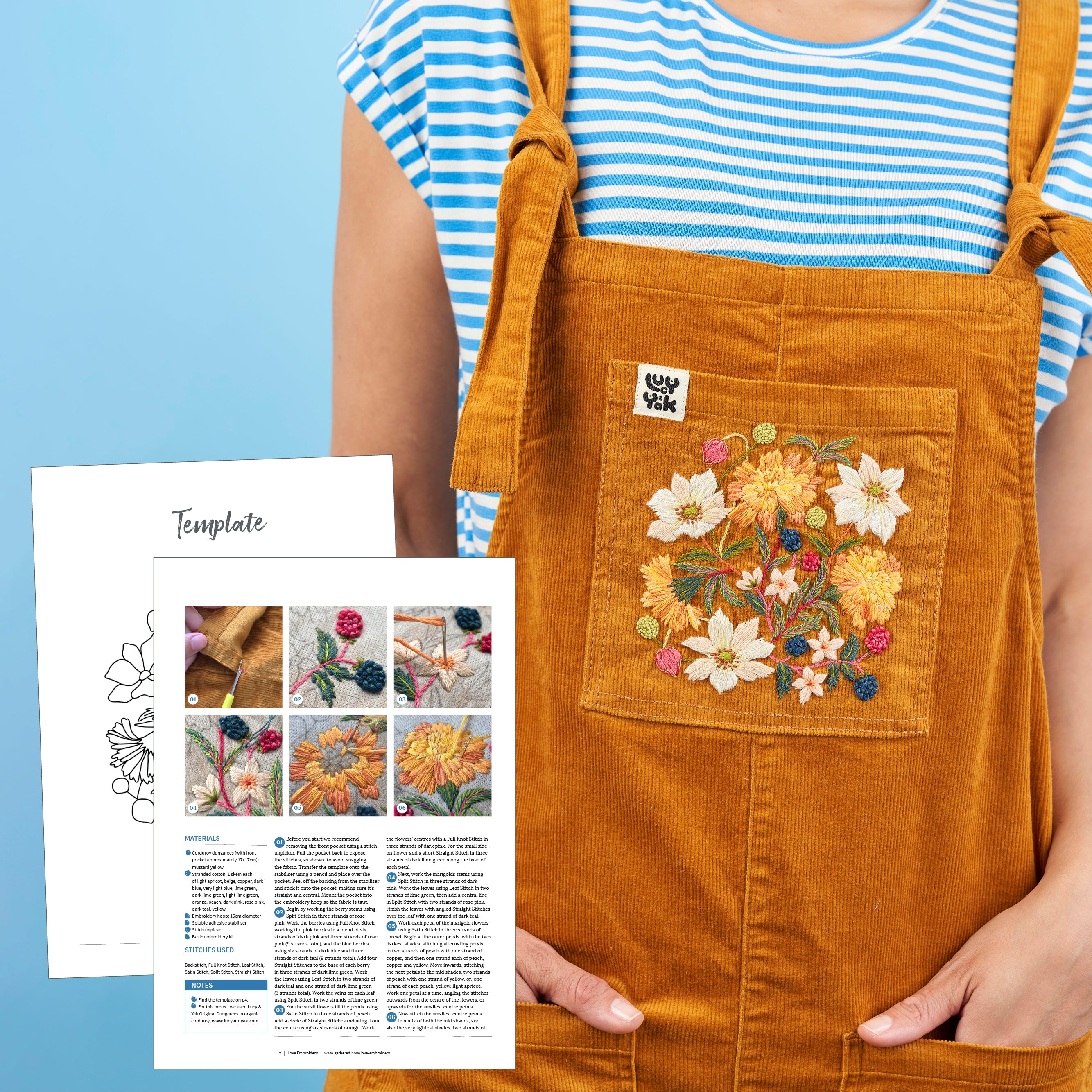 Person wearing a mustard yellow dungarees with floral embroidery, next to an embroidered template.