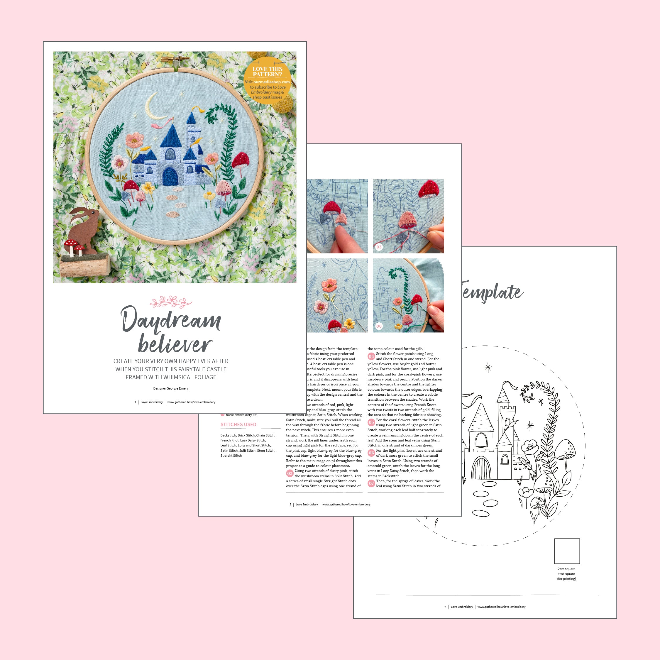 Embroidery kit with castle design on a pink background
