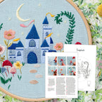 Embroidery hoop with castle design and template on a floral background