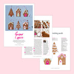 Gingerbread house-themed pages with text and illustrations on a pink background