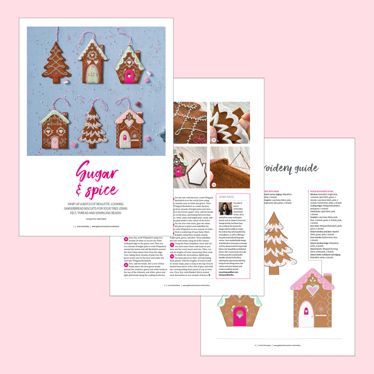 Gingerbread house-themed pages with text and illustrations on a pink background