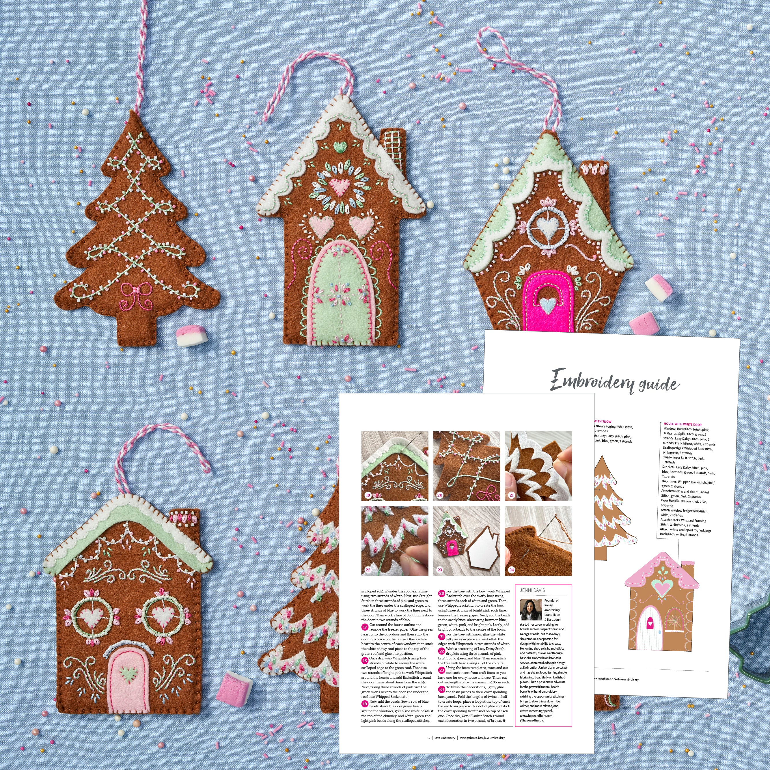 Decorative gingerbread house and tree ornaments with an embroidery guide on a blue background.