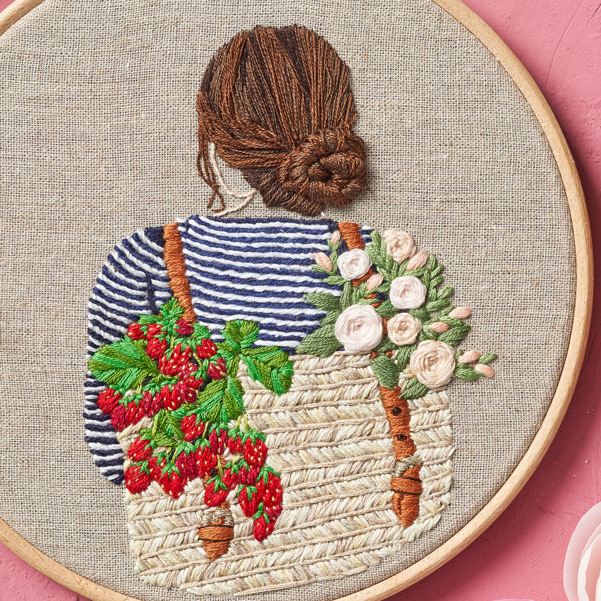 Embroidery hoop with a detailed embroidery of a person wearing a striped shirt with floral and berry designs.