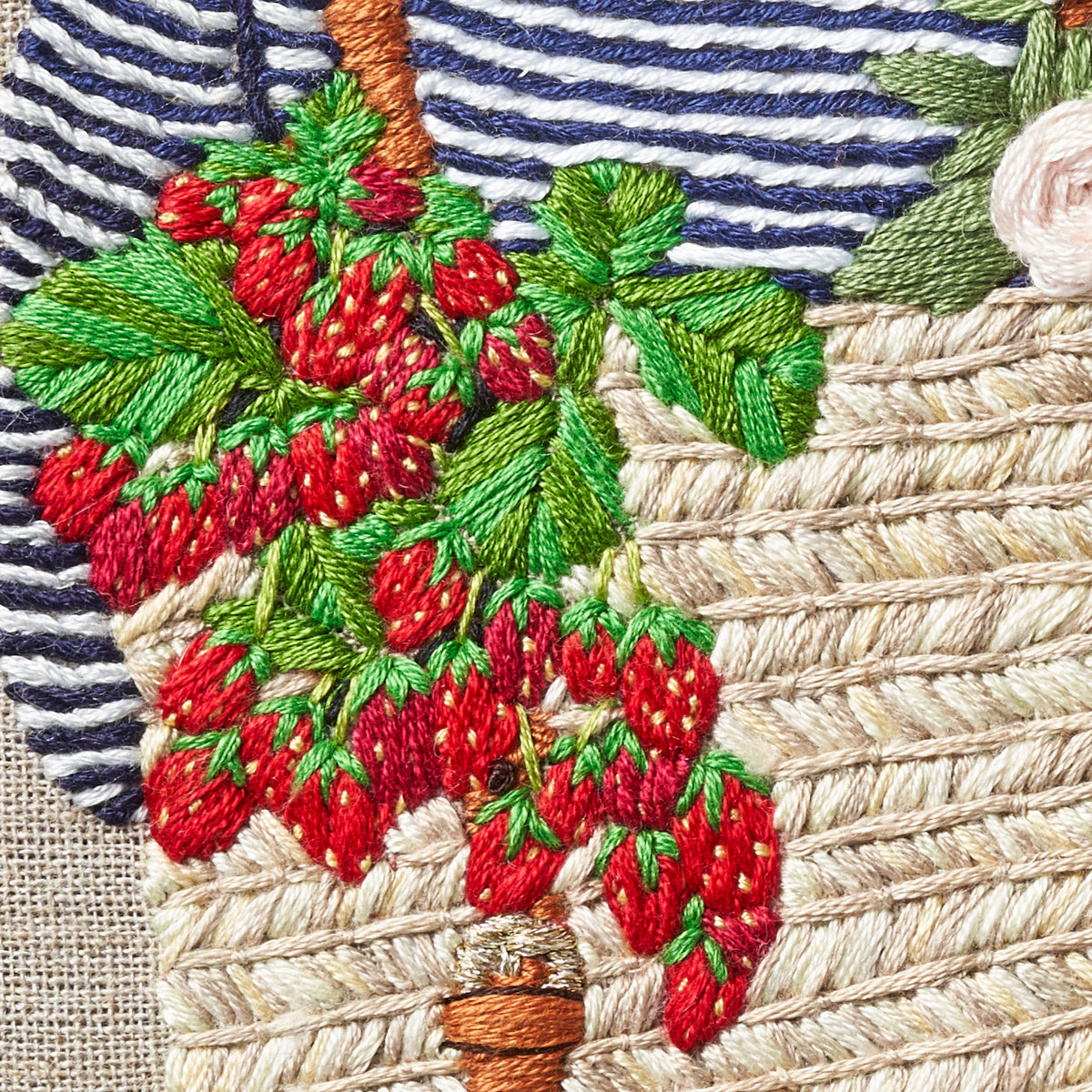 Embroidery of strawberries and leaves on a fabric background