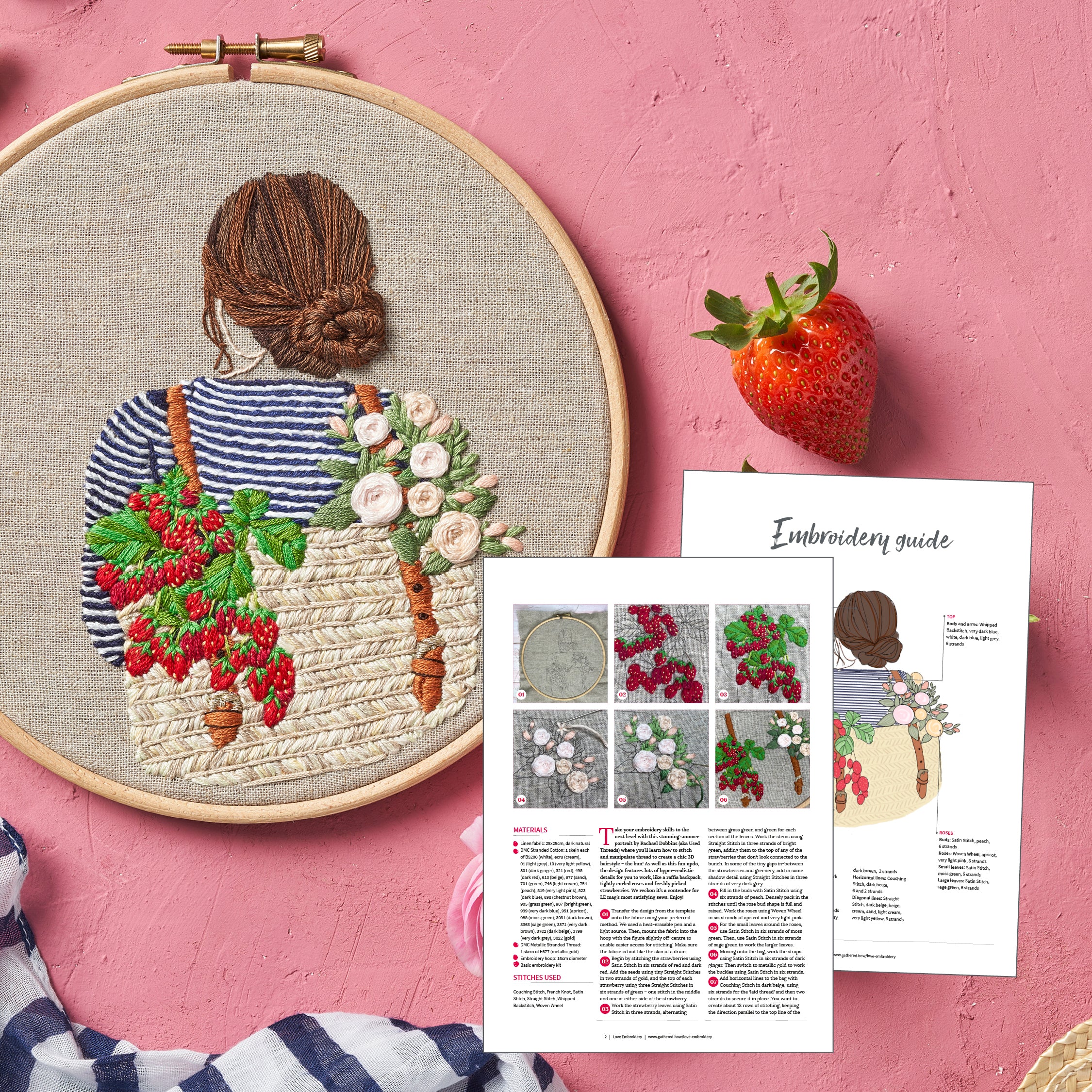 Embroidery hoop with a completed embroidery design of a person holding flowers and berries, next to an embroidery guide on a pink background.