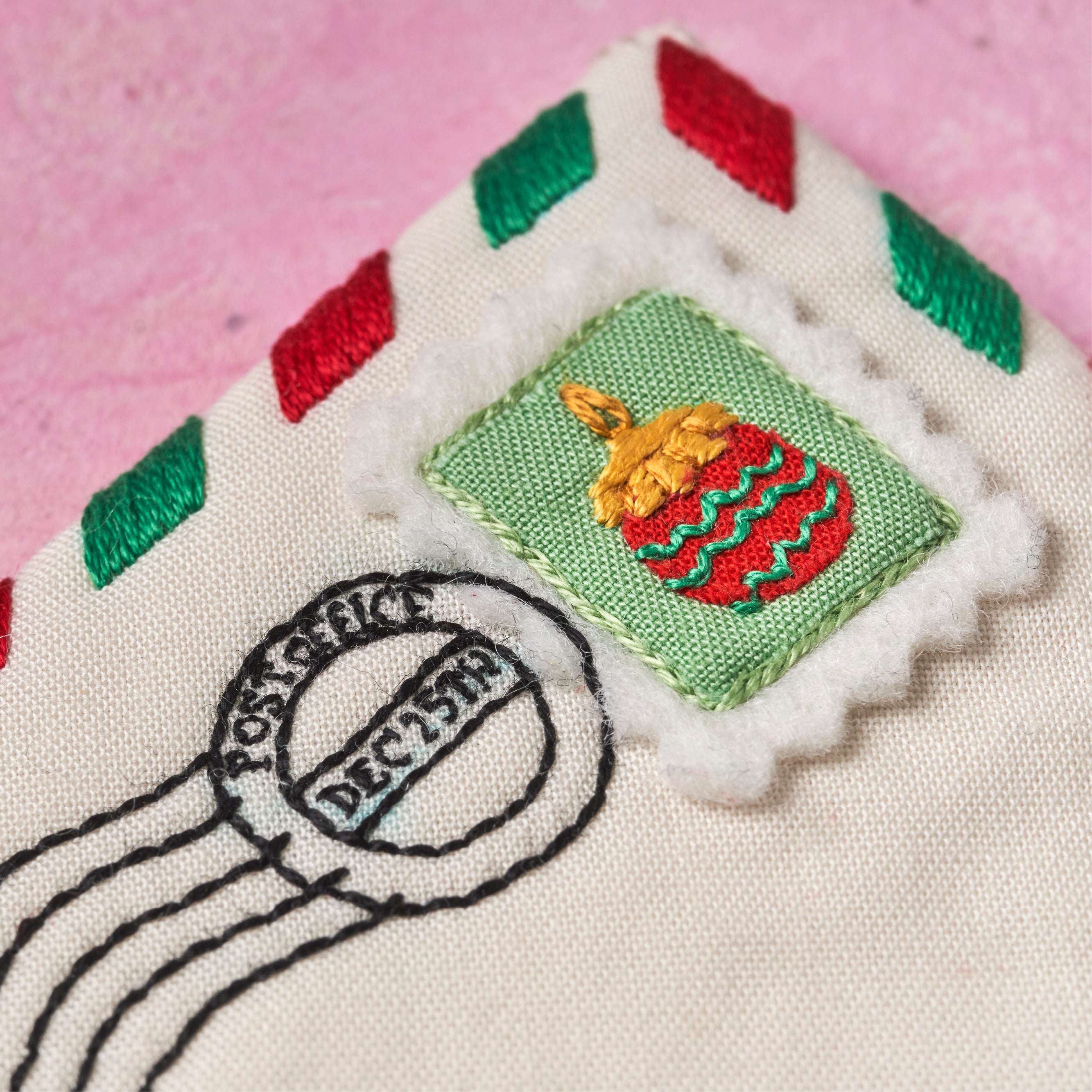 Embroidered patch with a Christmas design on a pink background