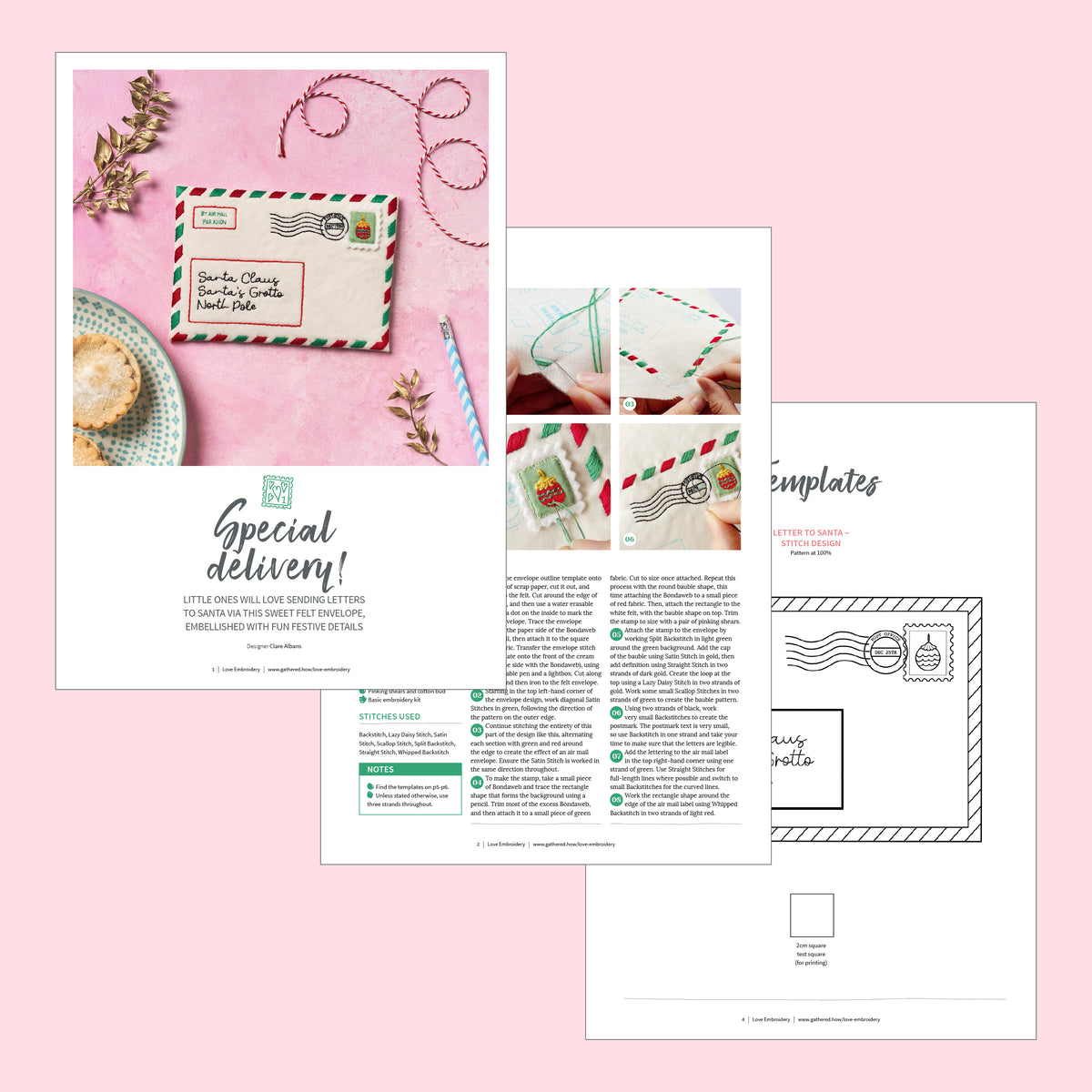 Design templates for envelopes and cards on a pink background