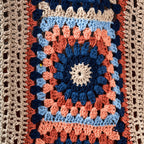 Close-up of a colorful crocheted blanket with a circular pattern.
