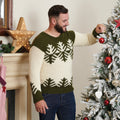 Man smiling while hanging a red ornament on a snowy Christmas tree. He wears a green and white sweater with a festive design. Cozy, holiday atmosphere.
