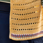 Close-up of a woven bag with a textured pattern and colorful trim.
