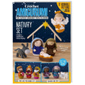 A crochet pattern collection for a Christmas nativity set, featuring illustrations of the figures Mary, Joseph, baby Jesus, shepherds, and wise men, along with a manger and a star.