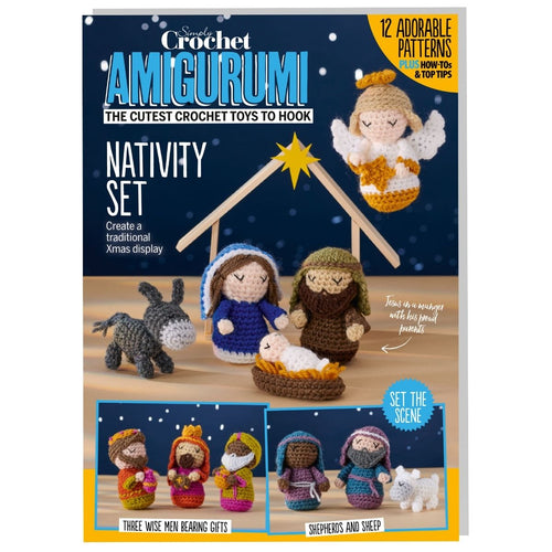 A crochet pattern collection for a Christmas nativity set, featuring illustrations of the figures Mary, Joseph, baby Jesus, shepherds, and wise men, along with a manger and a star.