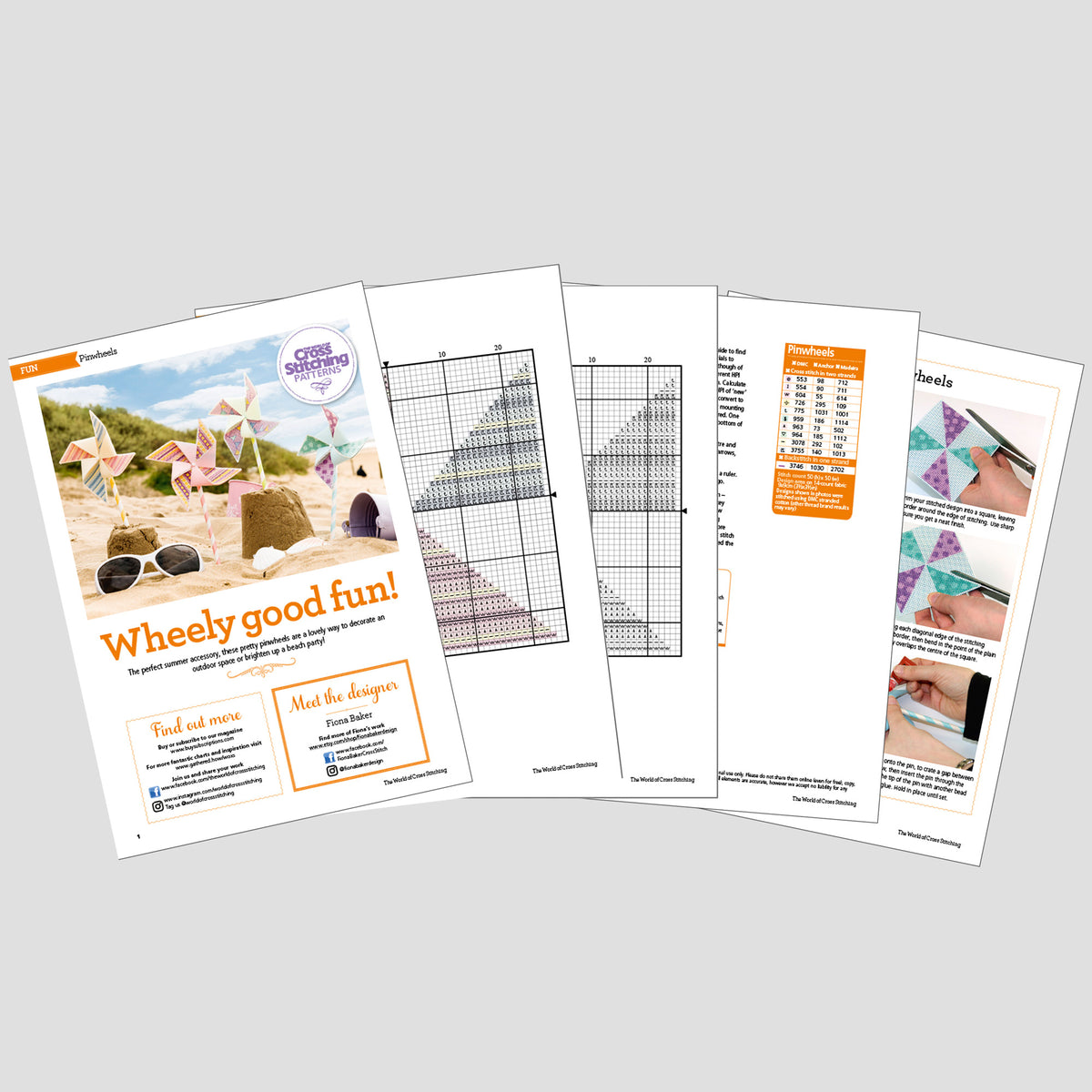 Set of printed pages with crochet patterns and promotional text on a gray background