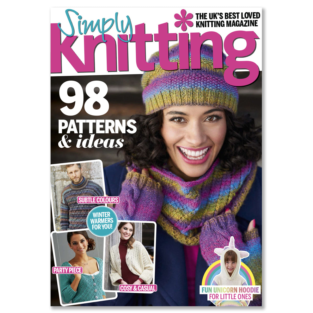 Magazine cover of 'Simply Knitting' featuring a woman wearing a colorful knitted hat and scarf.
