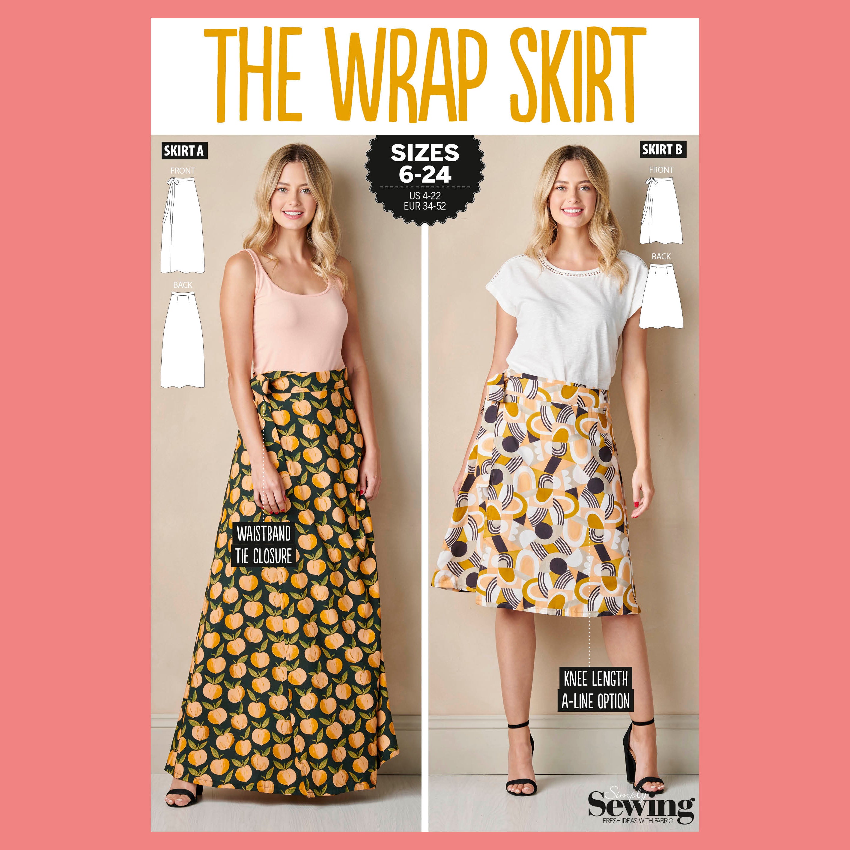 Sewing pattern book cover for 'The Wrap Skirt' with two models wearing skirts.