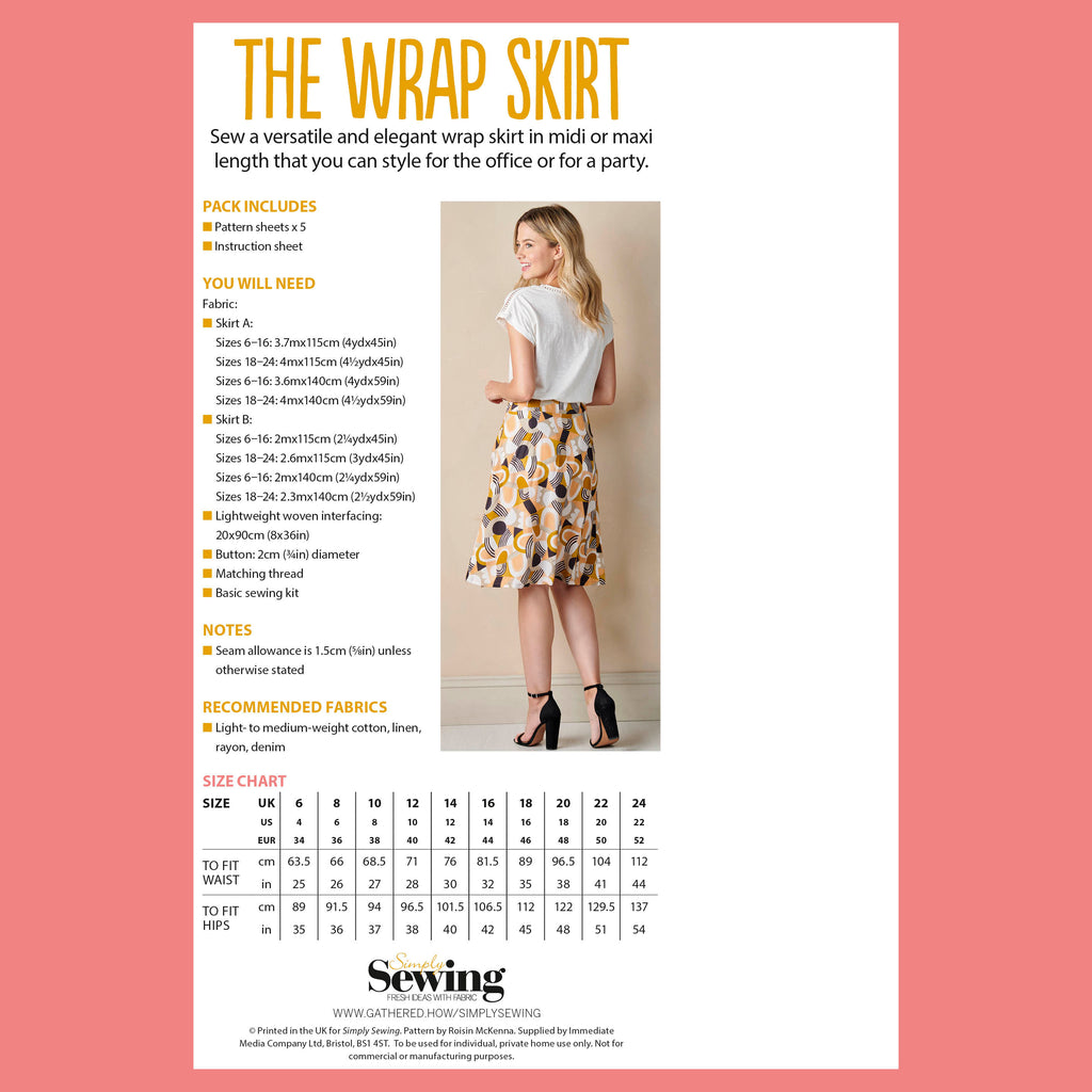 Sewing pattern leaflet for a wrap skirt with a model wearing the skirt, size chart, and sewing information.