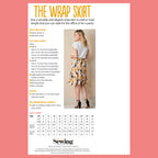 Sewing pattern leaflet for a wrap skirt with a model wearing the skirt, size chart, and sewing information.