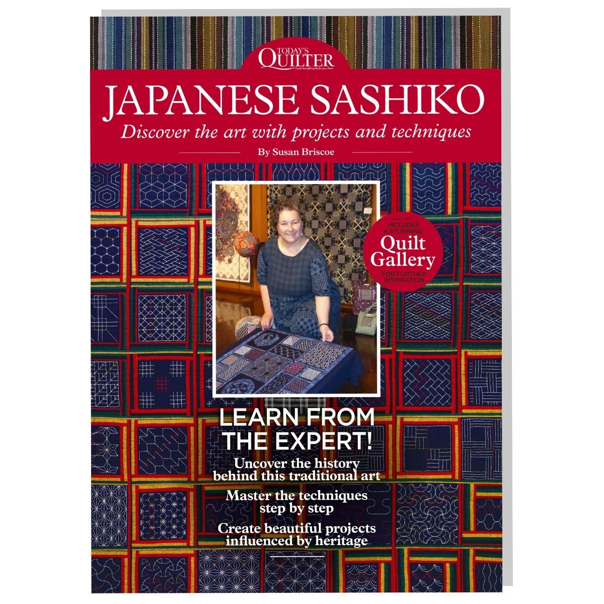 Cover of the Japanese Sashiko Special Edition PDF featuring a woman with a quilt, title and text detailing the content of the ebook.