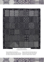 A grid of 42 intricate sashiko patterns in white thread on an indigo background. Each square features unique geometric designs, bordered by floral motifs.