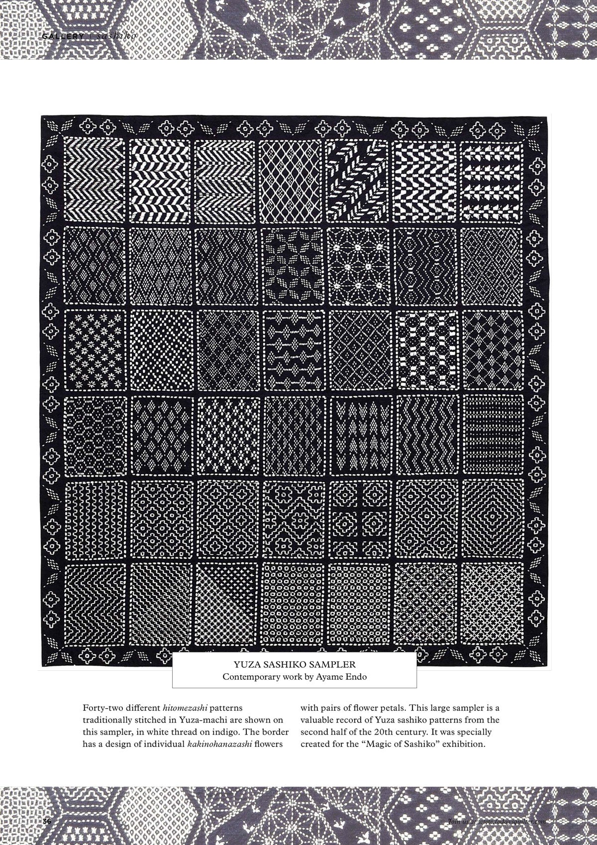 A grid of 42 intricate sashiko patterns in white thread on an indigo background. Each square features unique geometric designs, bordered by floral motifs.