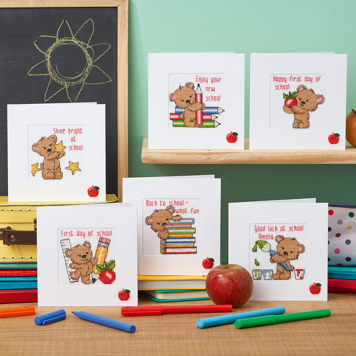 New School Teddy Cards Cross Stitch PDF Patterns