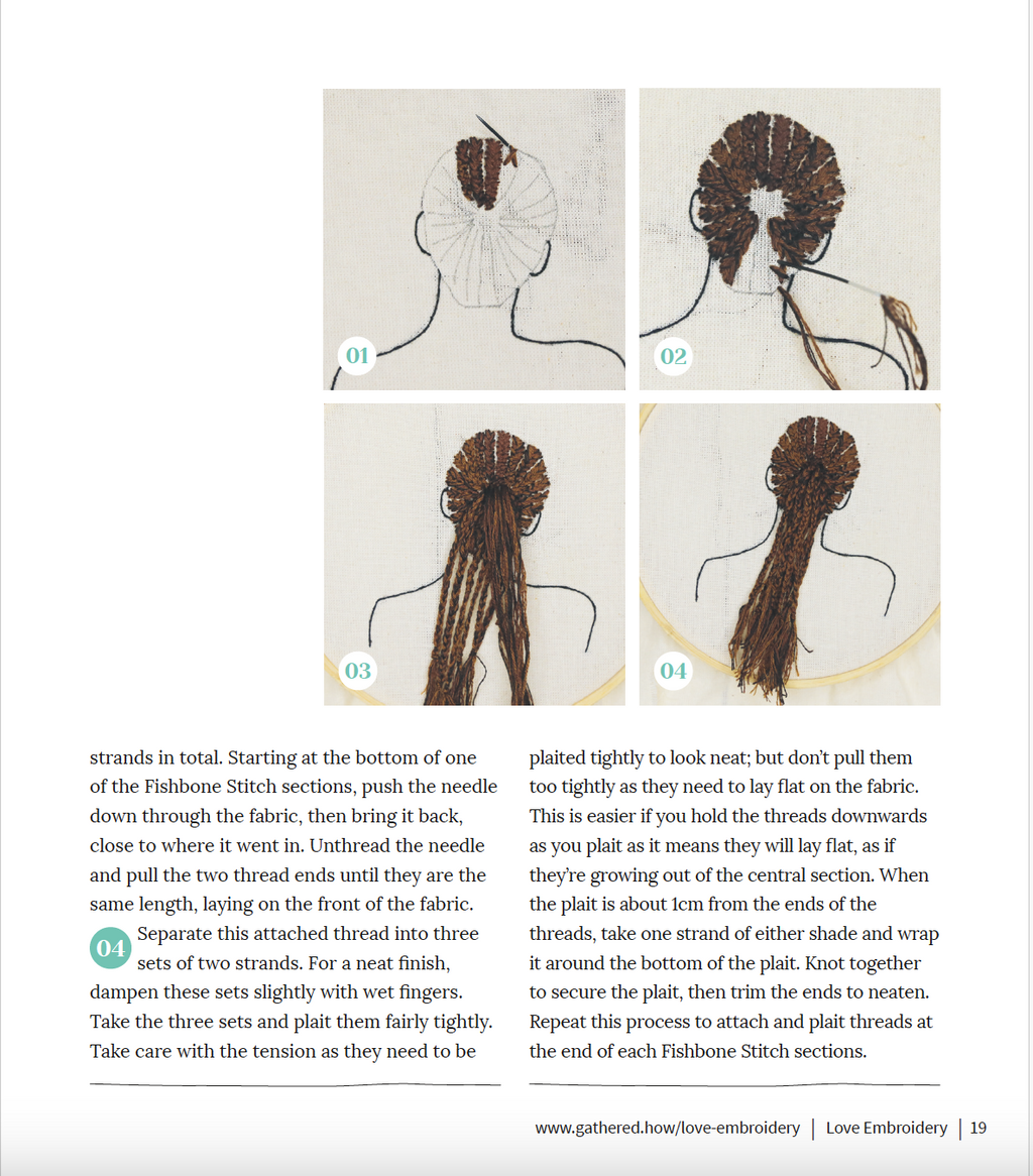 Embroidery tutorial with step-by-step instructions and illustrations on a white background