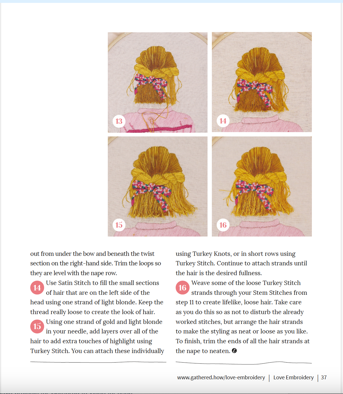 Step-by-step guide to creating a hair style with embroidery on a white background