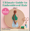 Book cover of 'Ultimate Guide to Embroidered Hair' with embroidery hoop and thread on pink background