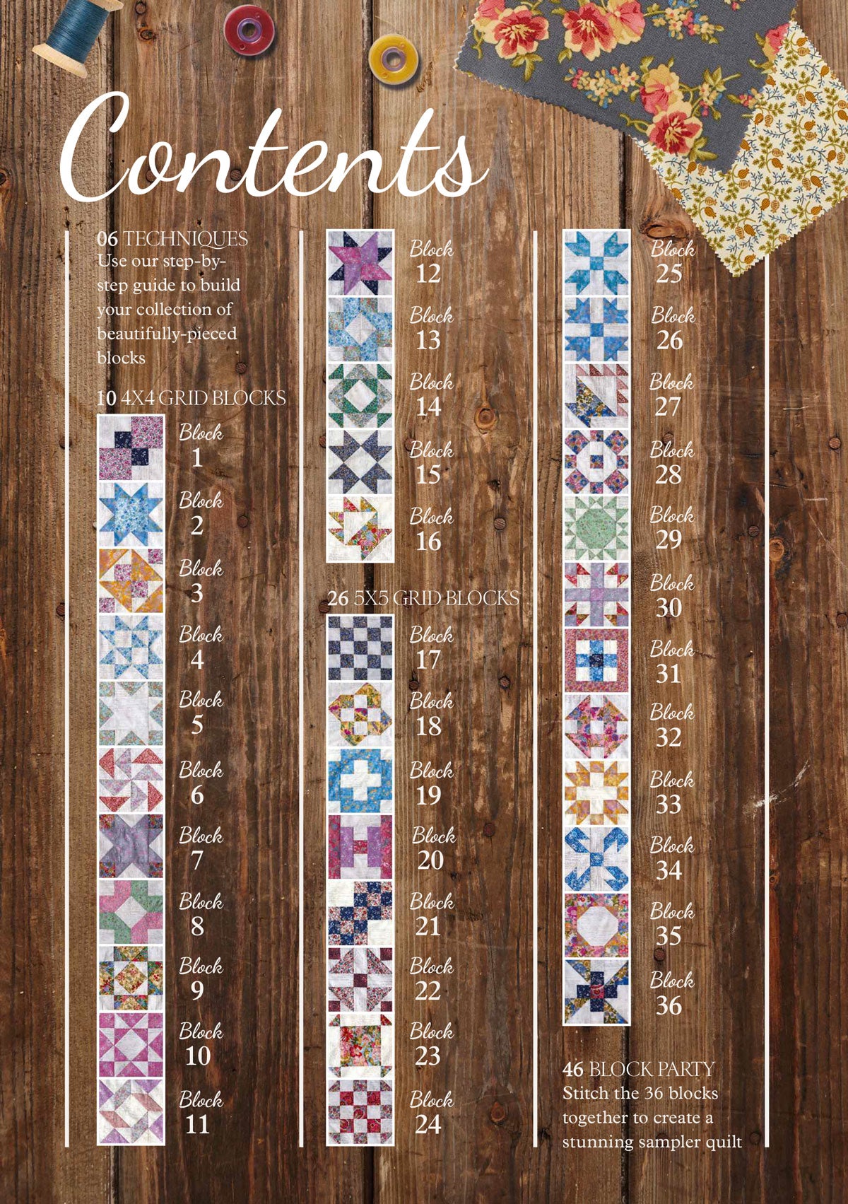 Wooden background with colorful quilt block images arranged in columns. Spools of thread and floral fabric add a cozy, creative atmosphere.
