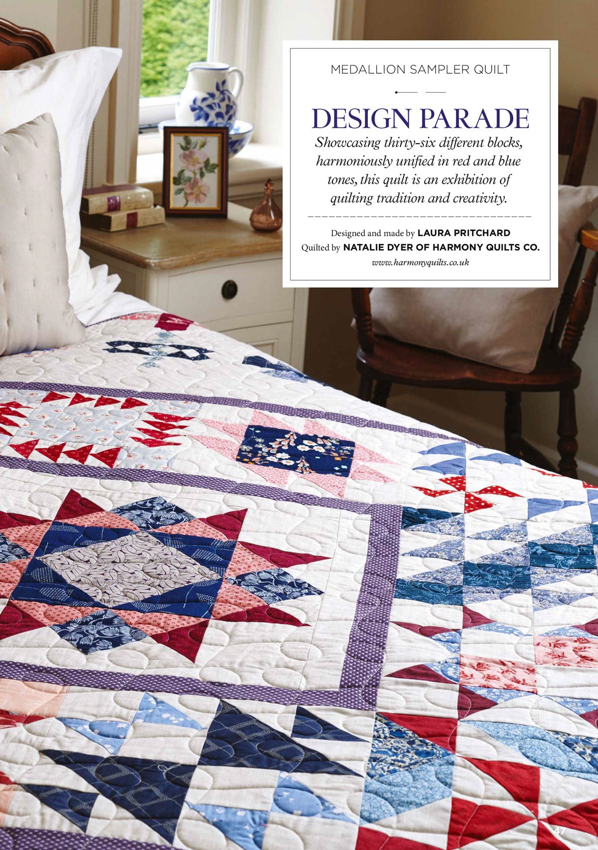 Cover of a quilt patterns magazine featuring a colorful quilt displayed on a bed with a decorative room setting.
