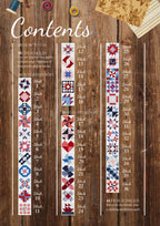 Quilt pattern contents displayed on a wooden background. Features columns of colorful block designs labeled Blocks 1-36, grouped by 3x3 and 4x4 grids. Spools of thread and fabric scraps are placed at the top. The text includes sections like 'How to Use' and 'Techniques,' culminating in a 'Design Parade' section."
