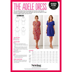 "Sewing pattern for 'The Adele Dress' featuring two designs. One model wears a floral dress with short sleeves, another a solid blue dress. Text details sizes 6-20, fabric needs, and sewing instructions. Includes a size chart and line drawings of dress front and back views. The layout is bright and inviting."