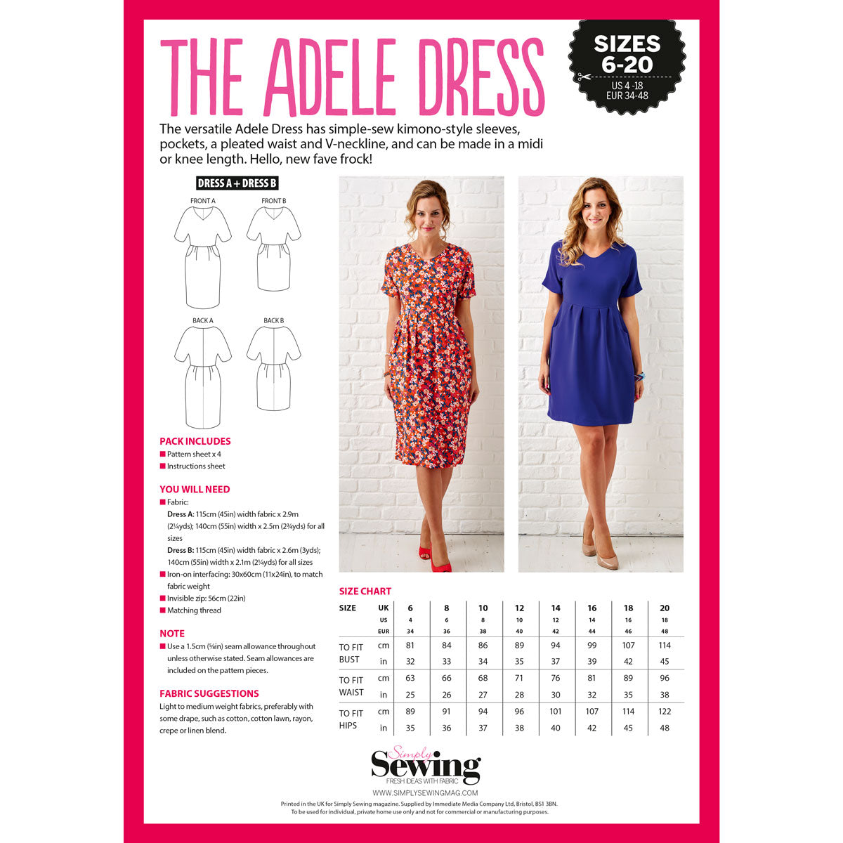"Sewing pattern for 'The Adele Dress' featuring two designs. One model wears a floral dress with short sleeves, another a solid blue dress. Text details sizes 6-20, fabric needs, and sewing instructions. Includes a size chart and line drawings of dress front and back views. The layout is bright and inviting."