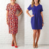 Two models wearing the Adele Dress. One dress has a floral pattern with short kimono sleeves, a pleated waist, and a V-neckline in a red and blue color scheme.