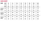 Chart showing clothing sizes. Columns list UK sizes 6-20, with corresponding US and EUR sizes. Rows have bust, waist, and hip measurements in cm and inches.