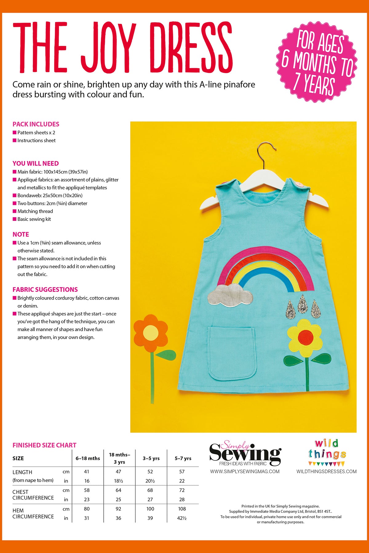 Children's Pinafore Rainbow Dress Sewing Pattern PDF