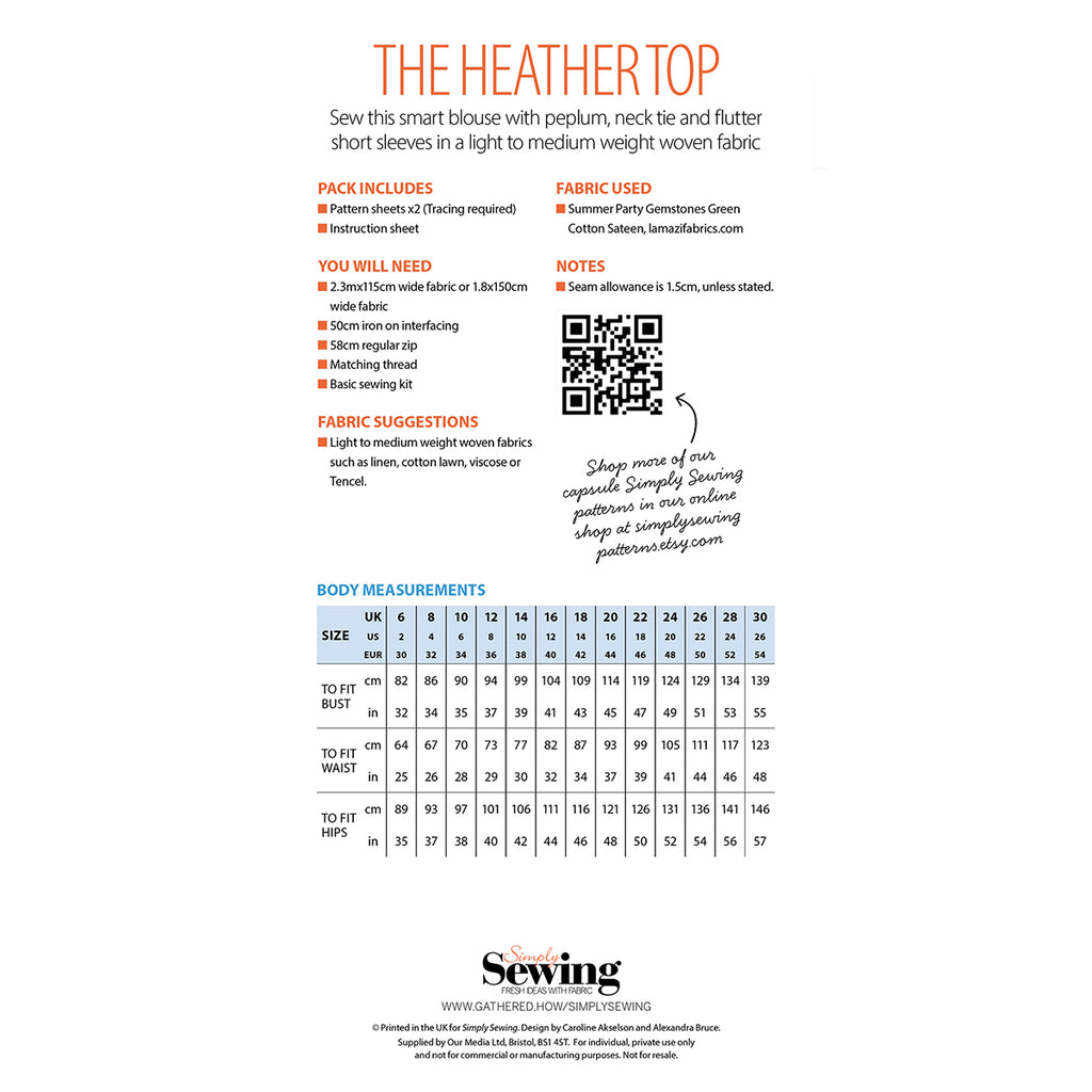 "Sewing pattern for 'The Heather Top' featuring peplum, neck tie, and flutter sleeves. Includes materials list, fabric suggestions, and a size chart for measurements. Fabric suggestions include linen, cotton lawn, viscose, or Tencel. QR code links to online shop. Branded as 'Simply Sewing' at the bottom."