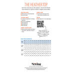 "Sewing pattern for 'The Heather Top' featuring peplum, neck tie, and flutter sleeves. Includes materials list, fabric suggestions, and a size chart for measurements. Fabric suggestions include linen, cotton lawn, viscose, or Tencel. QR code links to online shop. Branded as 'Simply Sewing' at the bottom."