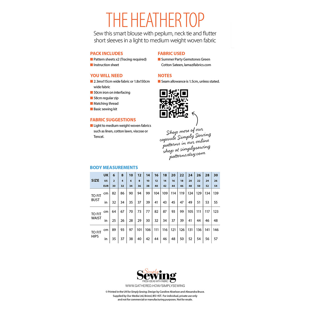 "Sewing pattern for 'The Heather Top' featuring peplum, neck tie, and flutter sleeves. Includes materials list, fabric suggestions, and a size chart for measurements. Fabric suggestions include linen, cotton lawn, viscose, or Tencel. QR code links to online shop. Branded as 'Simply Sewing' at the bottom."