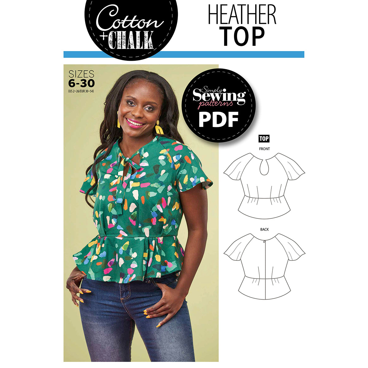 Smiling woman in a vibrant, patterned green peplum top and jeans. The image includes sewing patterns and "Heather Top" text, suggesting a DIY theme.