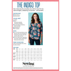 "Sewing pattern for 'The Indigo Top,' featuring a woman in a floral top with a curved hem. Includes fabric requirements, size chart, and sewing notes."