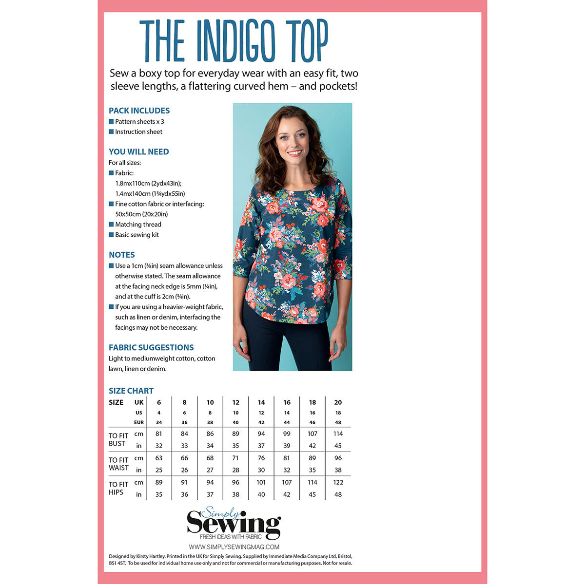 "Sewing pattern for 'The Indigo Top,' featuring a woman in a floral top with a curved hem. Includes fabric requirements, size chart, and sewing notes."