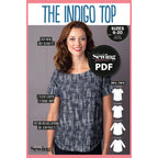 A smiling woman wears a blue indigo-patterned top with a boxy silhouette. The image highlights pattern details: sleeve options and side seam pockets, with sizing from 6-20.