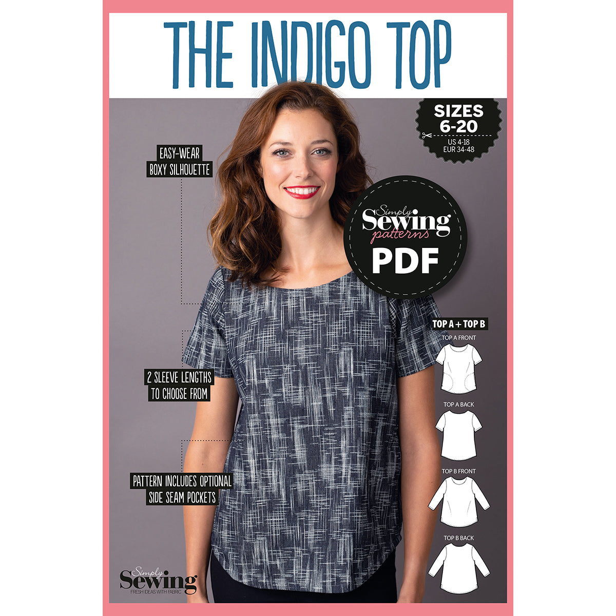A smiling woman wears a blue indigo-patterned top with a boxy silhouette. The image highlights pattern details: sleeve options and side seam pockets, with sizing from 6-20.