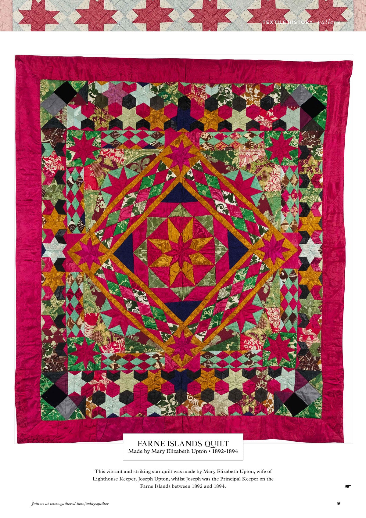 Vibrant quilt with intricate star patterns in red, green, blue, and gold. A dynamic, colorful design framed by a bold red border conveys warmth and artistry.
