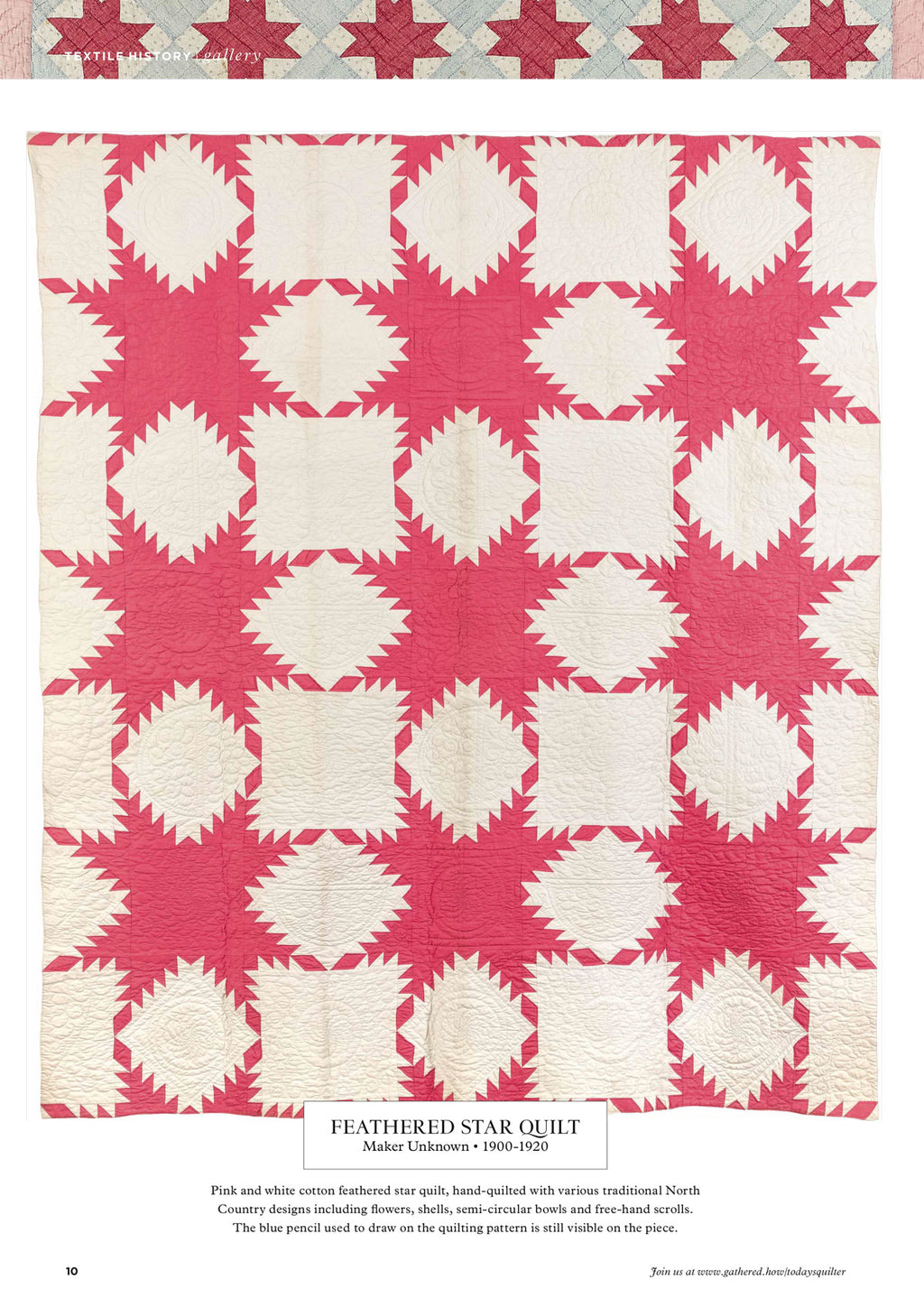 Pink and white quilt with a feathered star pattern, featuring intricate hand-quilted designs. The soft hues and detailed stitching convey a sense of warmth and craftsmanship.