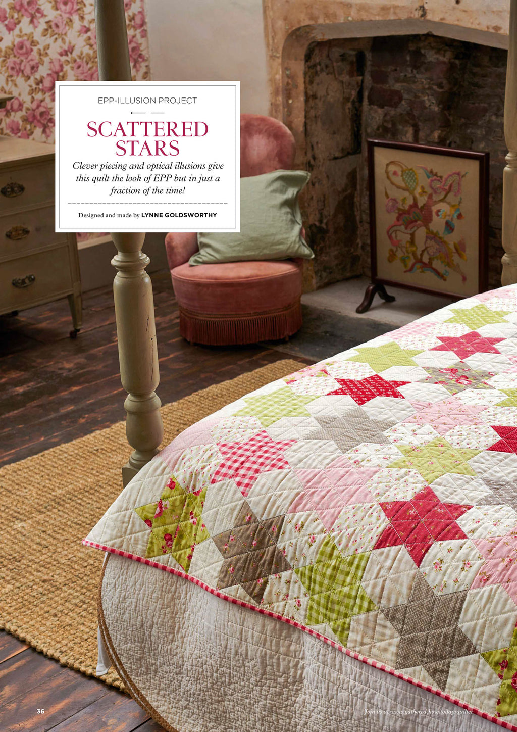 Quilted bedspread with star patterns in pink, green, and red hues on a rustic bed. Nearby, a velvet chair, floral artwork, and wood floor create a cozy, vintage ambiance.