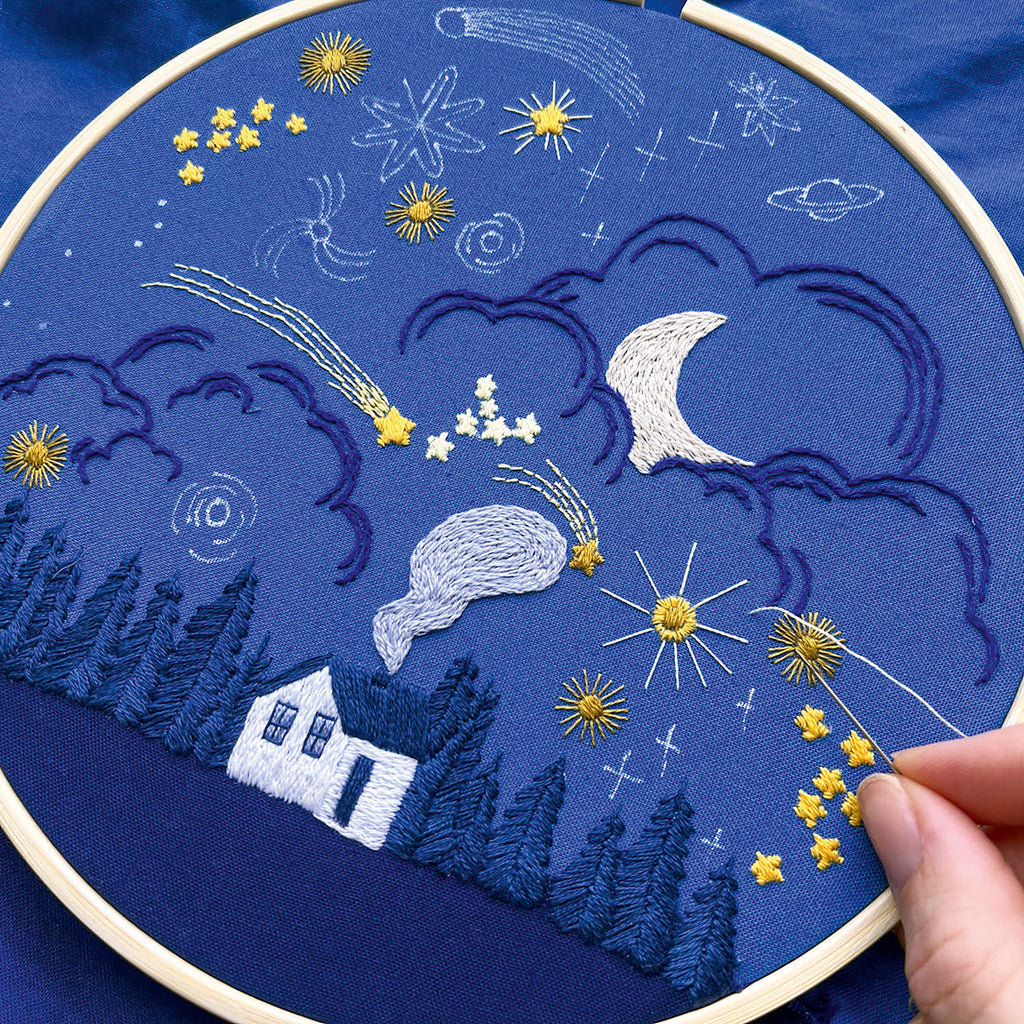Embroidery hoop with a night sky design featuring stars, moon, and house.
