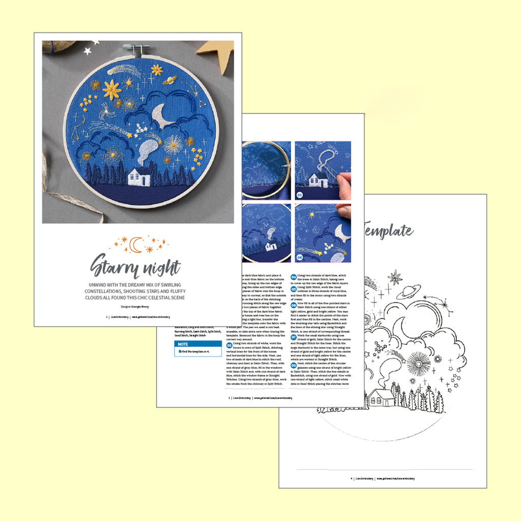 Embroidery hoop with starry night design, template, and instructions on a yellow background